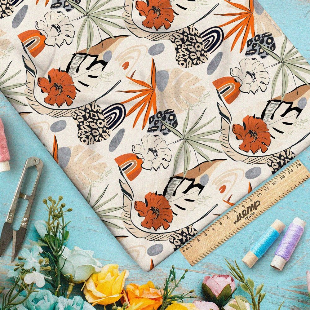 Ткань оксфорд 600 листья с оранжевыми цветами