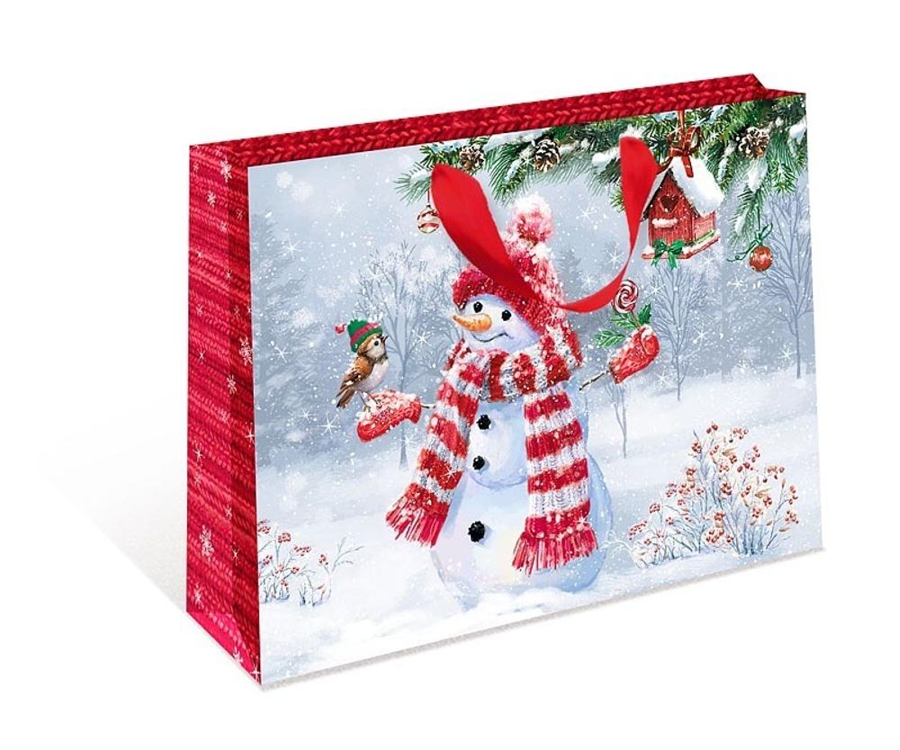Пакет подарочный ХL горизонтальный, &quot;Снеговик и птичка&quot;, Красный, 40*50*15 см (Д*В*Ш), 1 шт.