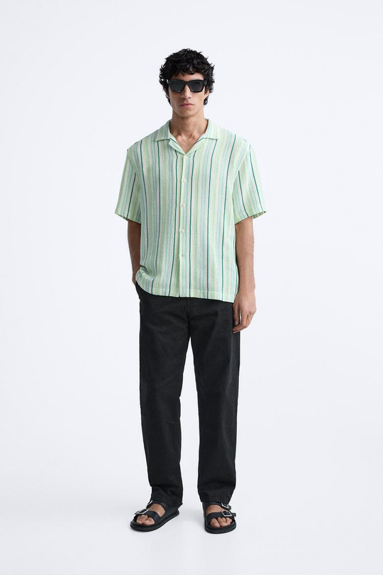 ZARA РУБАШКА ИЗ РЕЛЬЕФНОЙ ТКАНИ В ПОЛОСКУ, ЗЕЛЕНЫЙ/ЭКРЮ