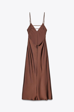 ZARA АТЛАСНОЕ ПЛАТЬЕ МИДИ, ТЕМНЫЙ СЕРО-КОРИЧНЕВЫЙ