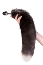 Большая серебристая металлическая анальная втулка с хвостом-чернобуркой (Цвет: черный с серым)