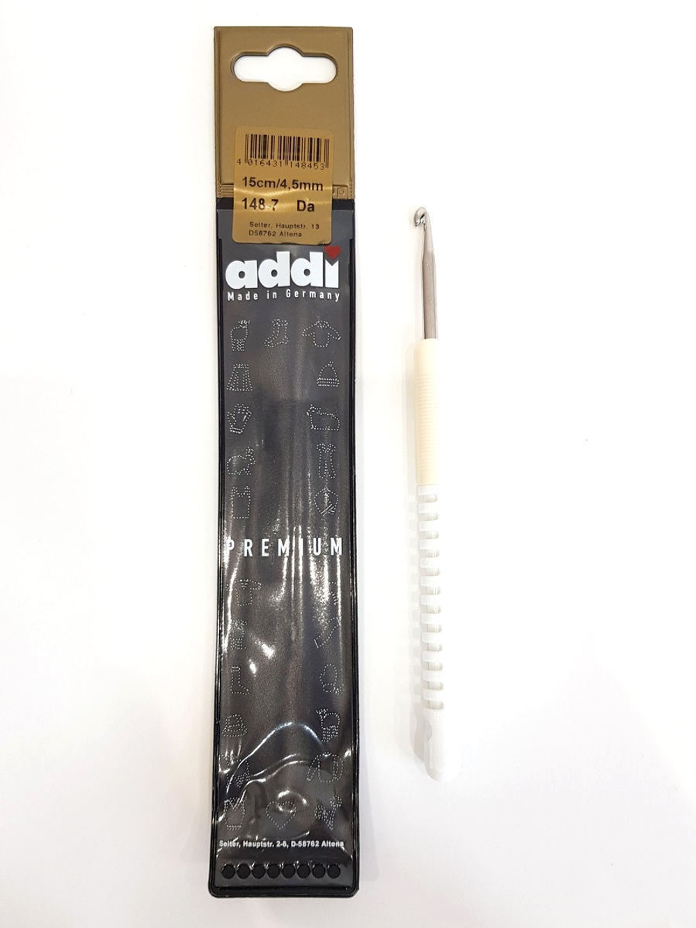 Крючок, вязальный с пластиковой ручкой addiColour, №4,5, 15 см