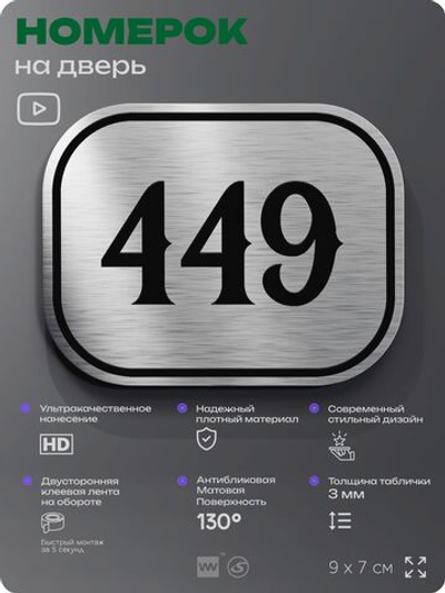Номерок на дверь квартиры 449, для кабинета, офиса, шильдик 9 х 7 см, брашированная сталь, Айдентика Технолоджи