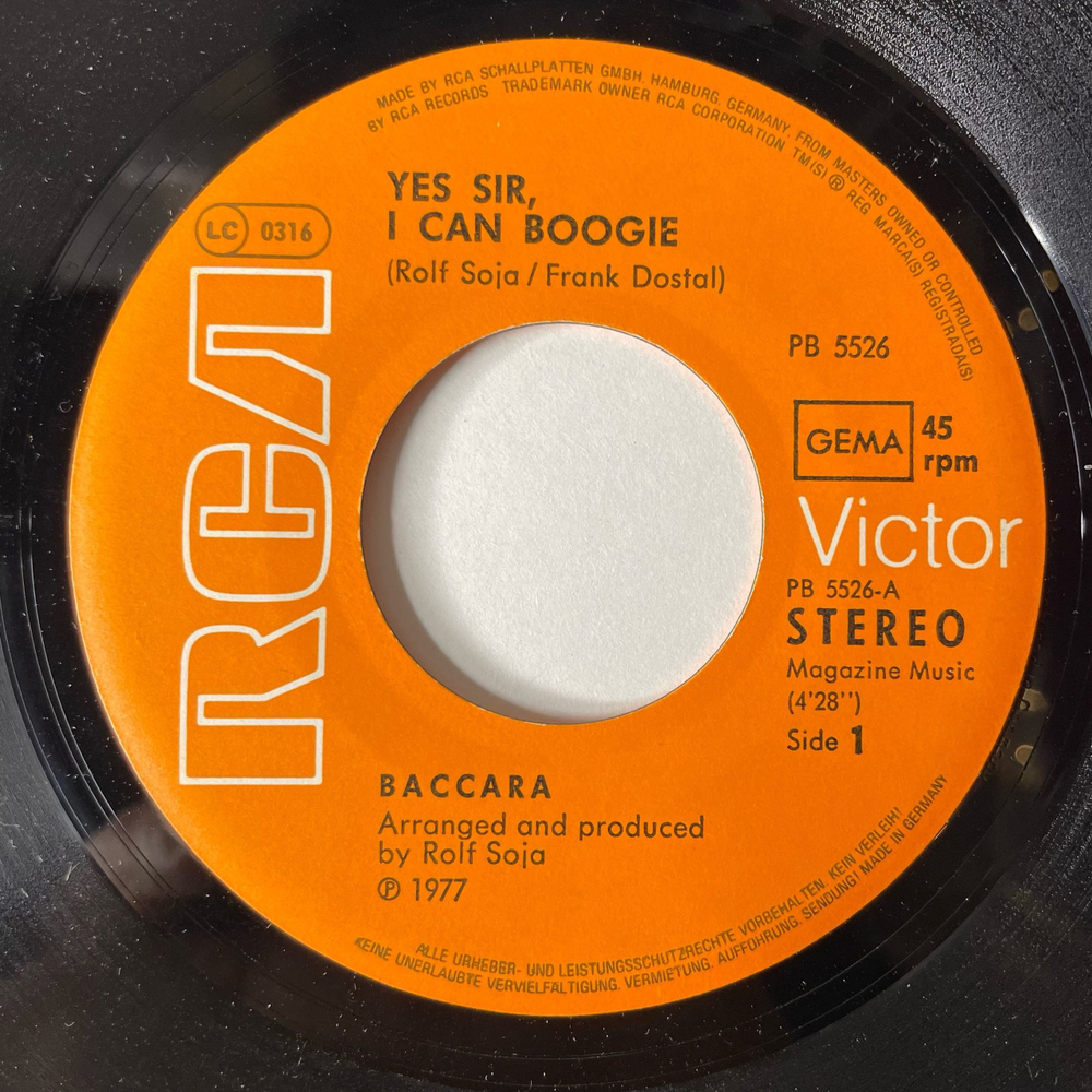 Винтажная виниловая пластинка 7 дюймов (маленькая пластинка) Baccara Yes Sir, I Can Boogie (Германия 1977)