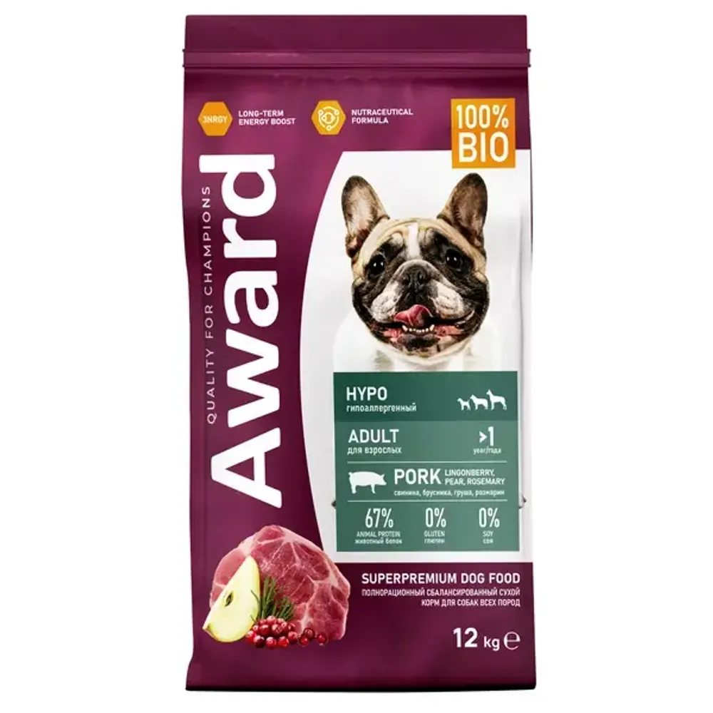 Сухой корм AWARD HYPO для взрослых собак всех пород со свининой с добавлением брусники, груши и розмарина