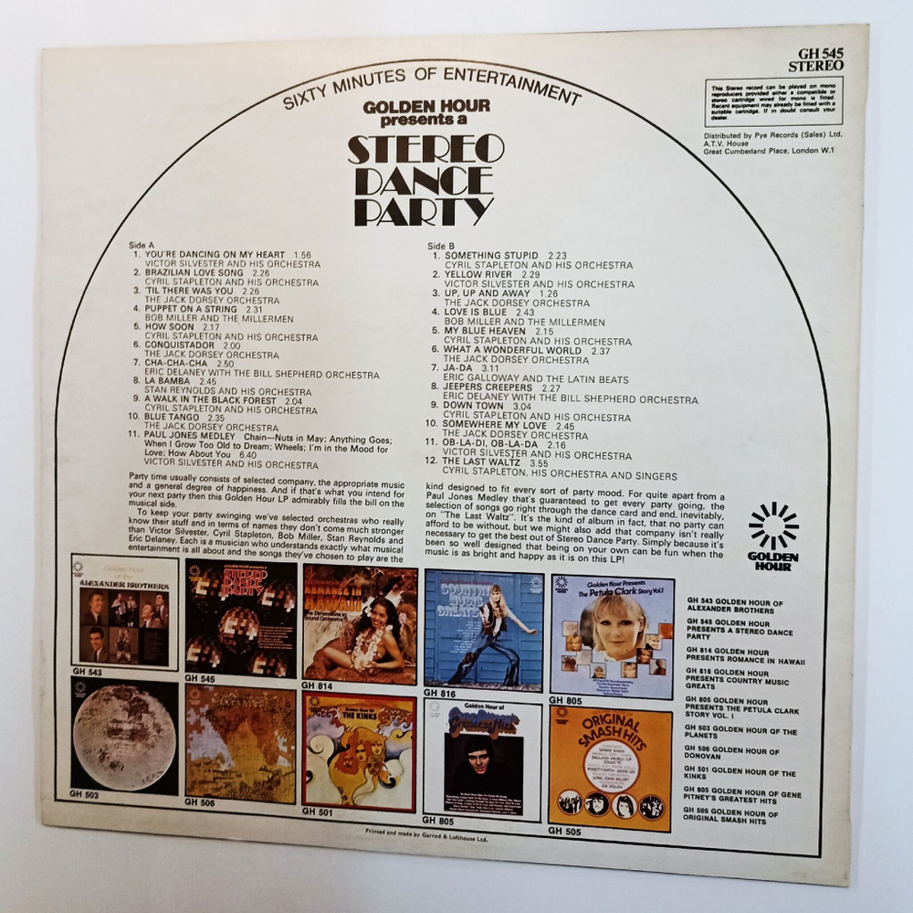 Винтажная виниловая пластинка LP Сборник Инструментальной Музыки Golden Hour Presents A Stereo Dance Party (Australia 1977)