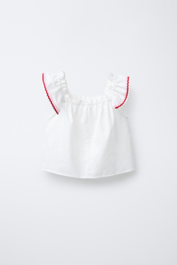 ZARA ТОП ИЗ СМЕСОВОГО ЛЬНА С ВОЛНИСТЫМИ КРОМКАМИ, СВЕТЛЫЙ ЭКРЮ