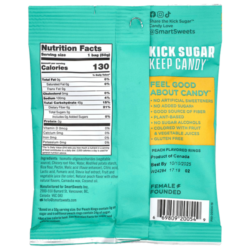 SmartSweets, Peach Rings, персик, 50 г (1,8 унции)