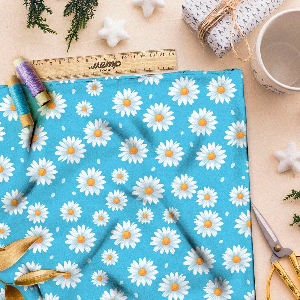 Ткань премиум шифон ромашки на голубом