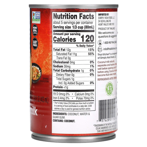 Thai Kitchen, кокосовое молоко, без подсластителей, 403 мл (13,66 жидк. унции)