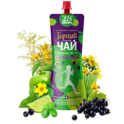 Горный чай «Колд брю» Смородина и Яблоко 28SEEDS, 250 мл, дой-пак на фоне ягод смородины, ломтиков яблока