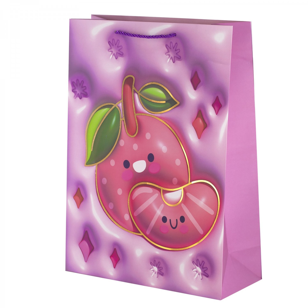 Пакет подарочный бумажный Alingar, (XL) 31х40х12 см, вертикальный, "Яркие фрукиы", матов. ламинация, тиснение голография, эффект 3D, ассорти