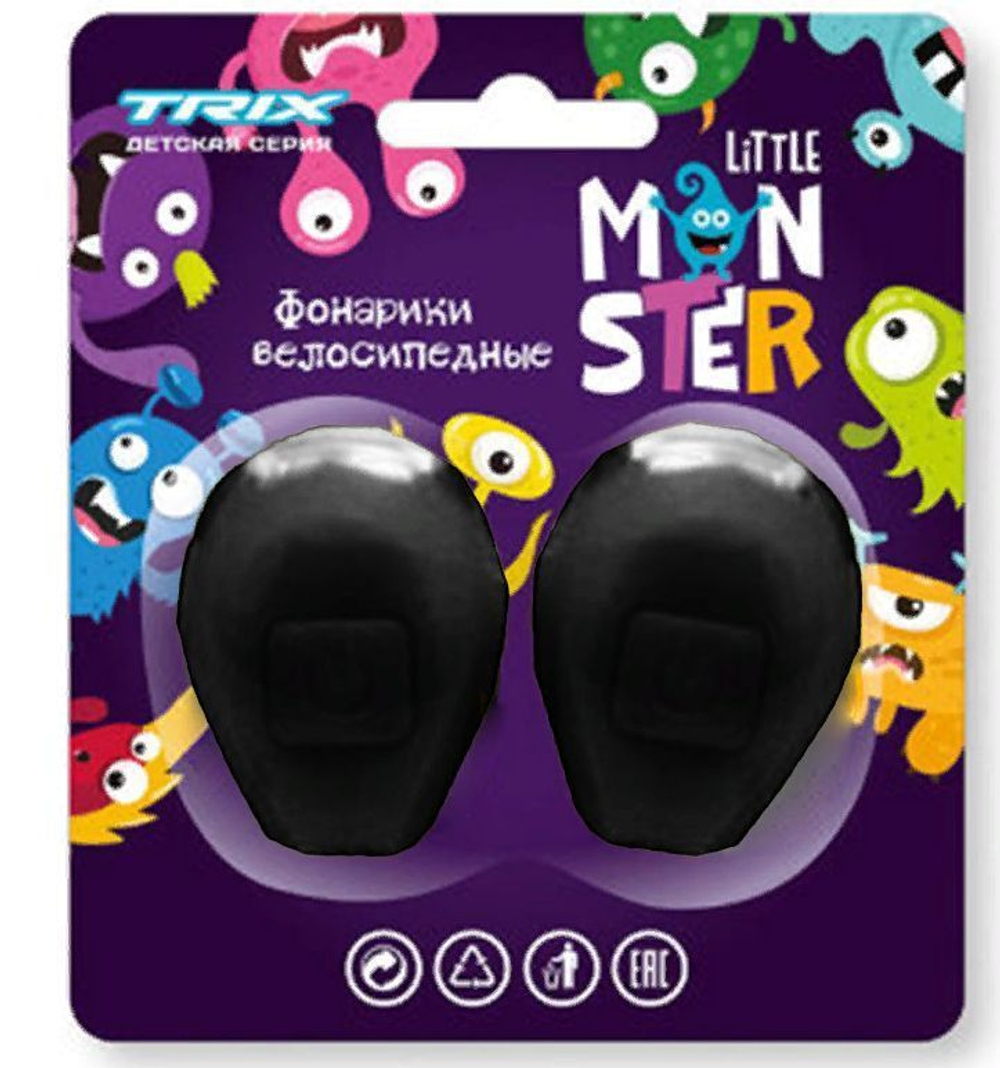Фонари TRIX Little Monster детские, комплект передний задний, 2 диода, 3 режима, силикон, черные (20/100)