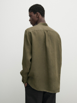 Massimo Dutti Льняная рубашка классического кроя с воротником-стойкой,  зеленый