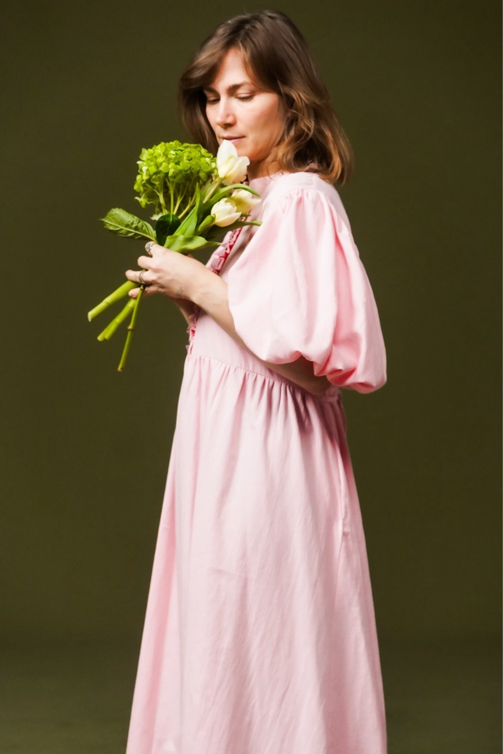 Платье с жабо и рукавами-фонариками, розовый хлопок