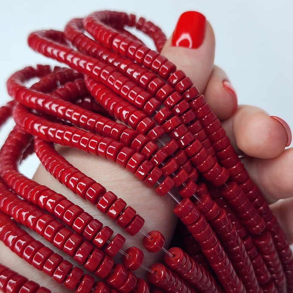 Бусины шайбы, рондель, красный, лэмпворк, стекло, р-р 6мм, цена за набор 10 шт