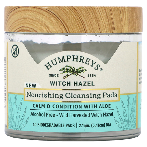 Humphreys, Witch Hazel, питательные очищающие салфетки, без спирта, 60 биоразлагаемых салфеток