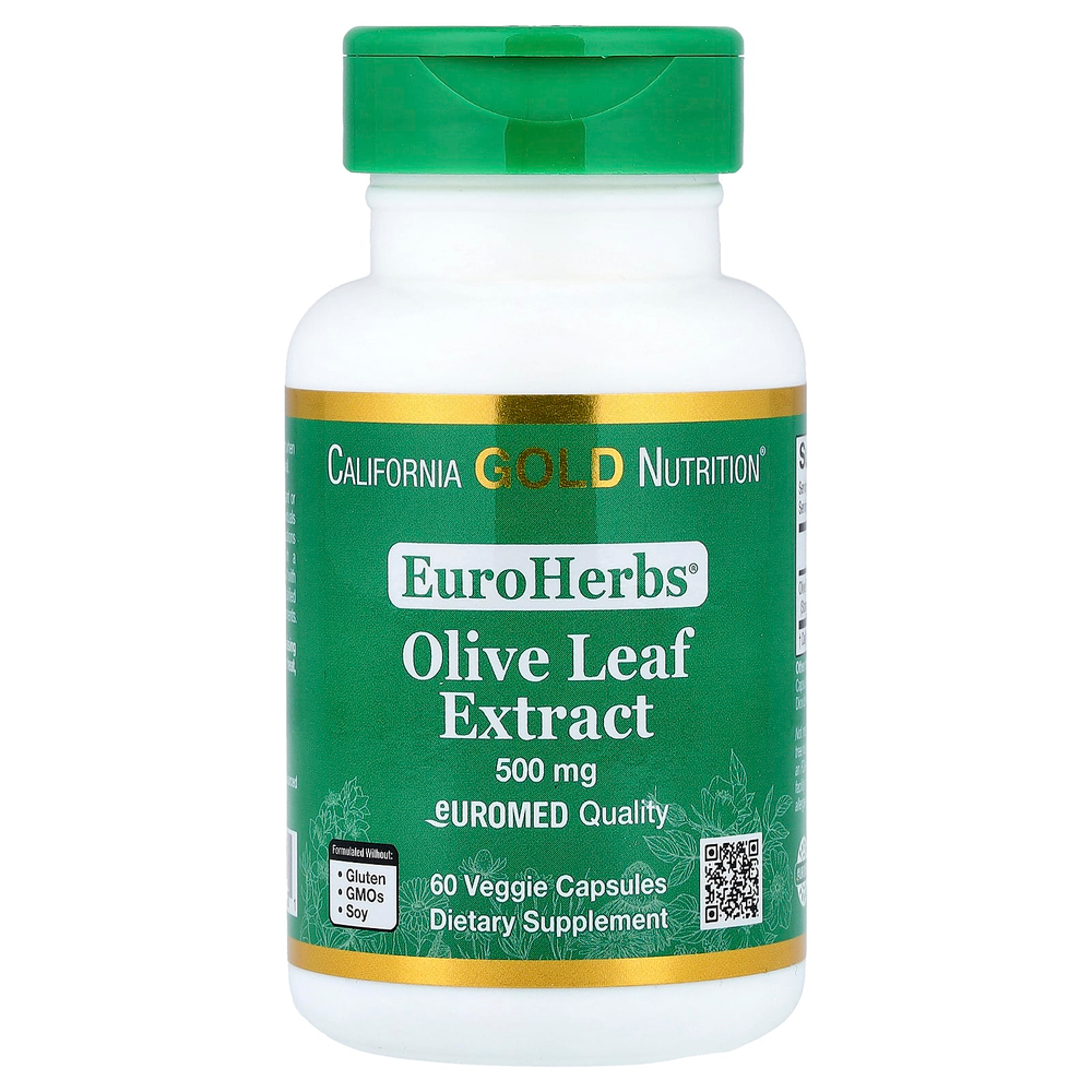 California Gold Nutrition, EuroHerbs™, экстракт листьев оливкового дерева, качество Euromed, 500 мг, 60 растительных капсул