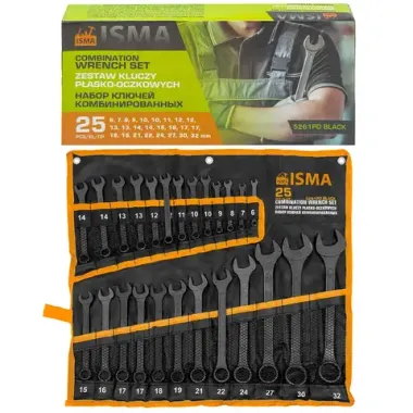 Набор ключей комбинированных 25пр. (6-9,10х2шт,11,12х2шт,13х2шт,14х2шт,15,16,17х2шт,18,19,21,22,24,27,30,32),на полотне ISMA ISMA-5261PD BLACK