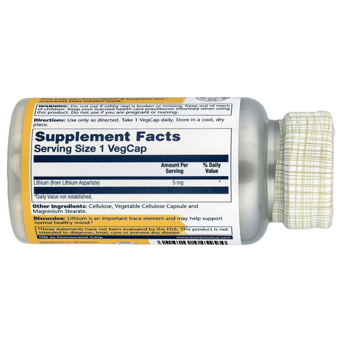 Solaray, аспартат лития, 5 мг, 100 капсул VegCap