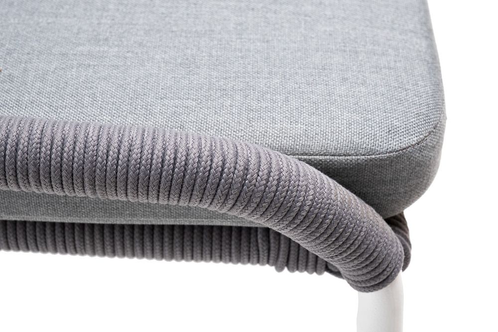 "Милан" стул плетеный из роупа, каркас алюминий белый муар, роуп светло-серый круглый, ткань светло-серая