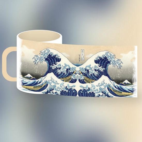 Кружка керамическая объем 330мл, "Большая волна в Канагаве", (белая)