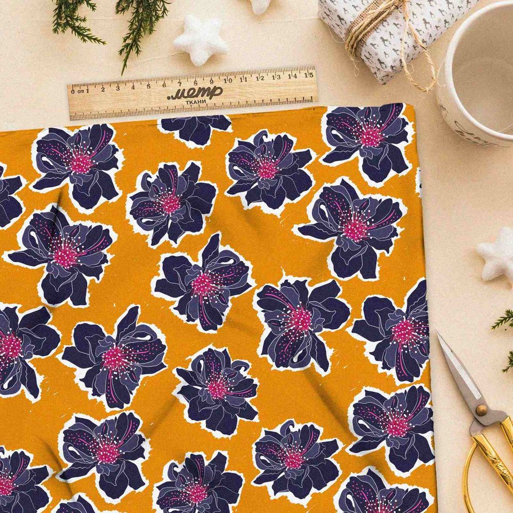 Ткань барби синие цветы на горчичном фоне