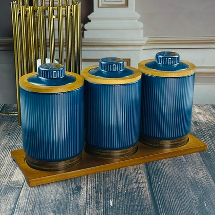 Lenardi 133-394 Набор из 3 банок для сыпучих продуктов 900 мл на подставке WOOD в под.уп.(х6)Фарфор