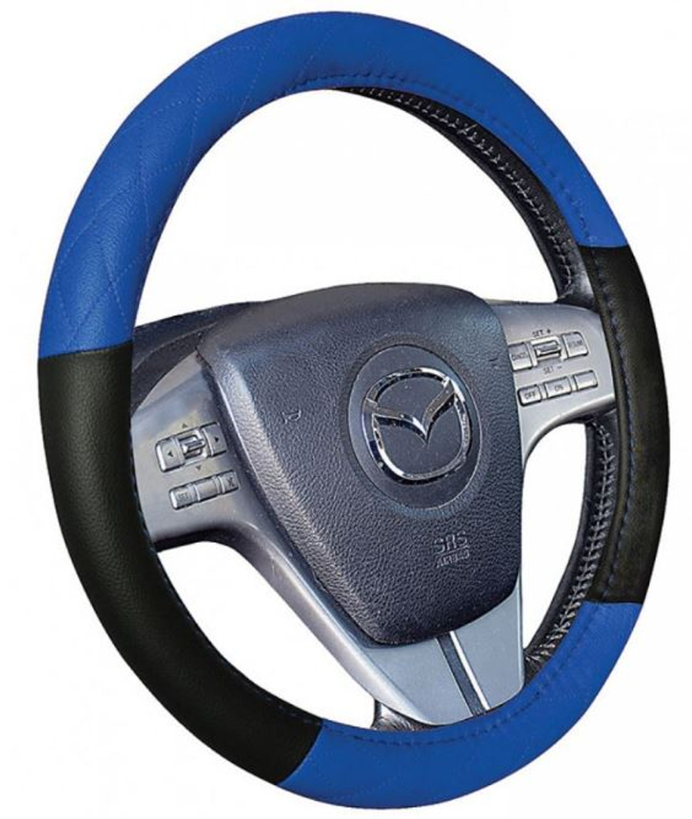 Оплетка на руль круглая CarFashion -М- «LAREDO» 31641 - Экокожа - чёрный/синий/шов синий