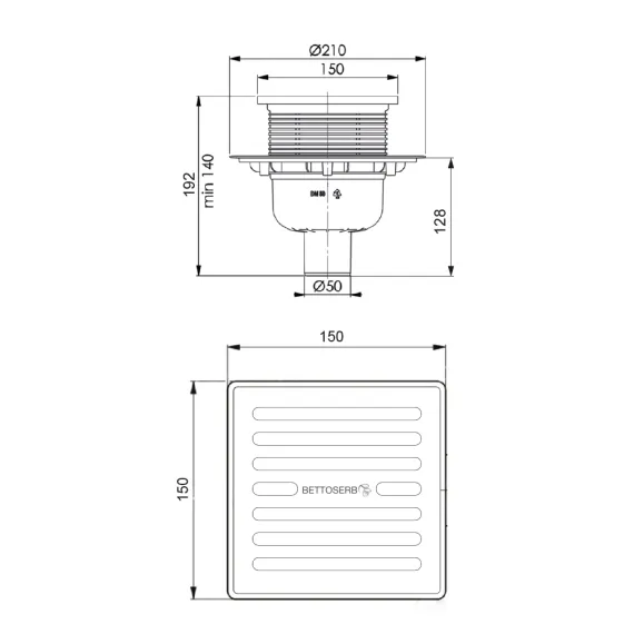 Трап вертикальный BETTOSERB Superior Quadro с металлической решеткой с пластиковым прямым выпуском 50мм 150*150мм 40996