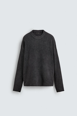 ZARA СВИТЕР ВАФЕЛЬНОГО ПЛЕТЕНИЯ С ЭФФЕКТОМ ПОТЕРТОСТИ, ЛИНЯЛЫЙ ТЕМНО-СИНИЙ