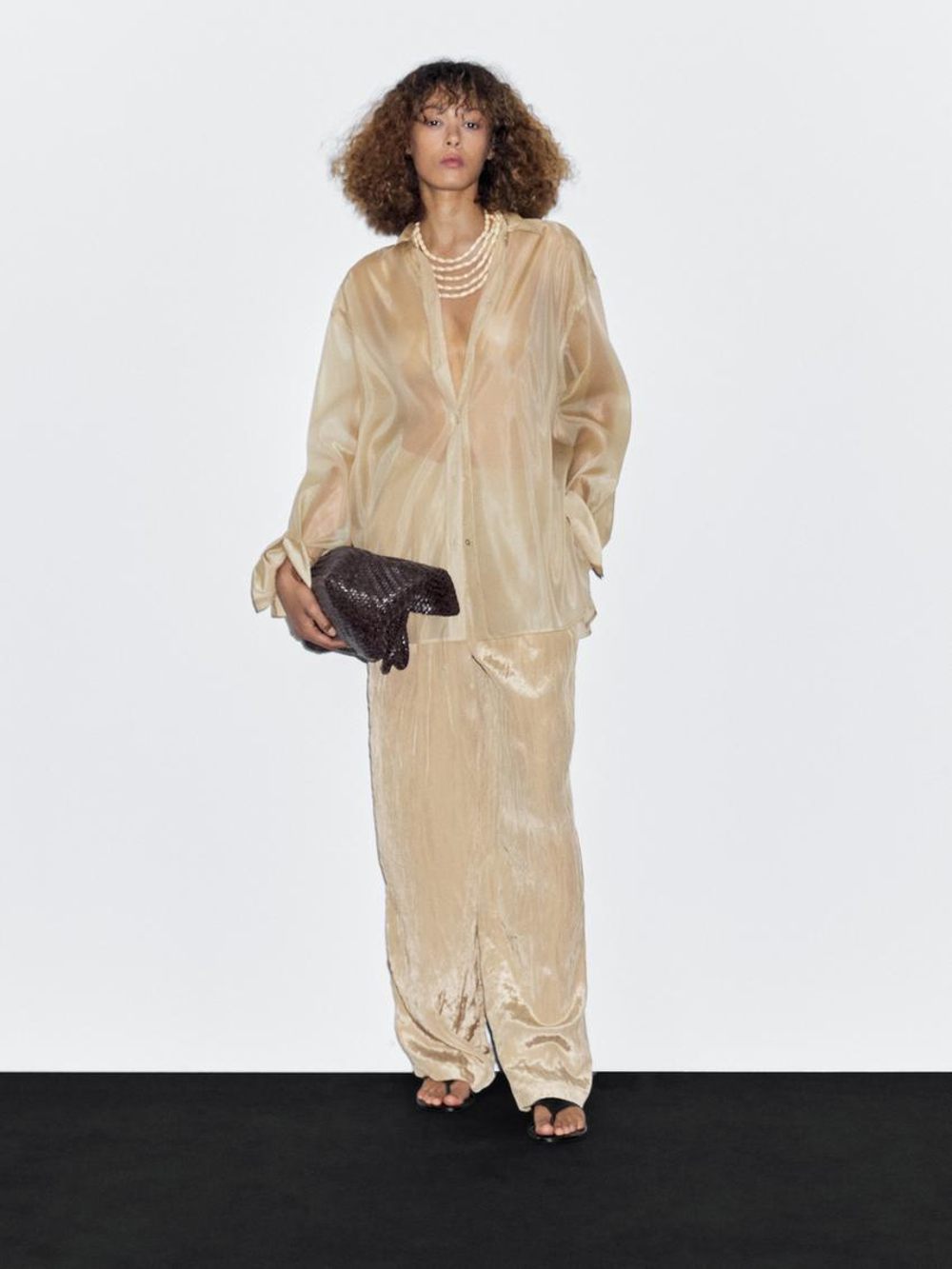 Massimo Dutti Рубашка из органзы со смесью шелка тутового дерева, бежевый