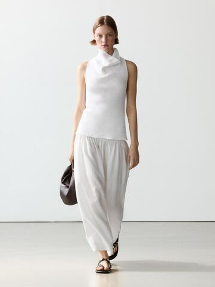 Massimo Dutti Хлопковый топ с драпированным вырезом, белый