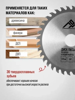 ЛОМ диск пильный 125 мм по дереву, 36 зубьев, стандартный рез