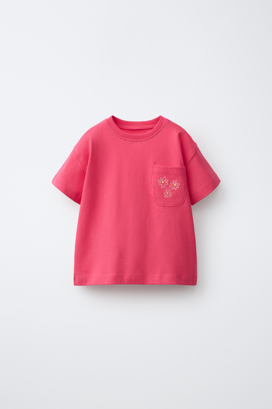 ZARA ФУТБОЛКА С ВЫШИВКОЙ И КАРМАНОМ, КРАСНЫЙ