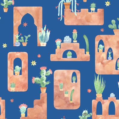 Город кактусов на синем / Акварель