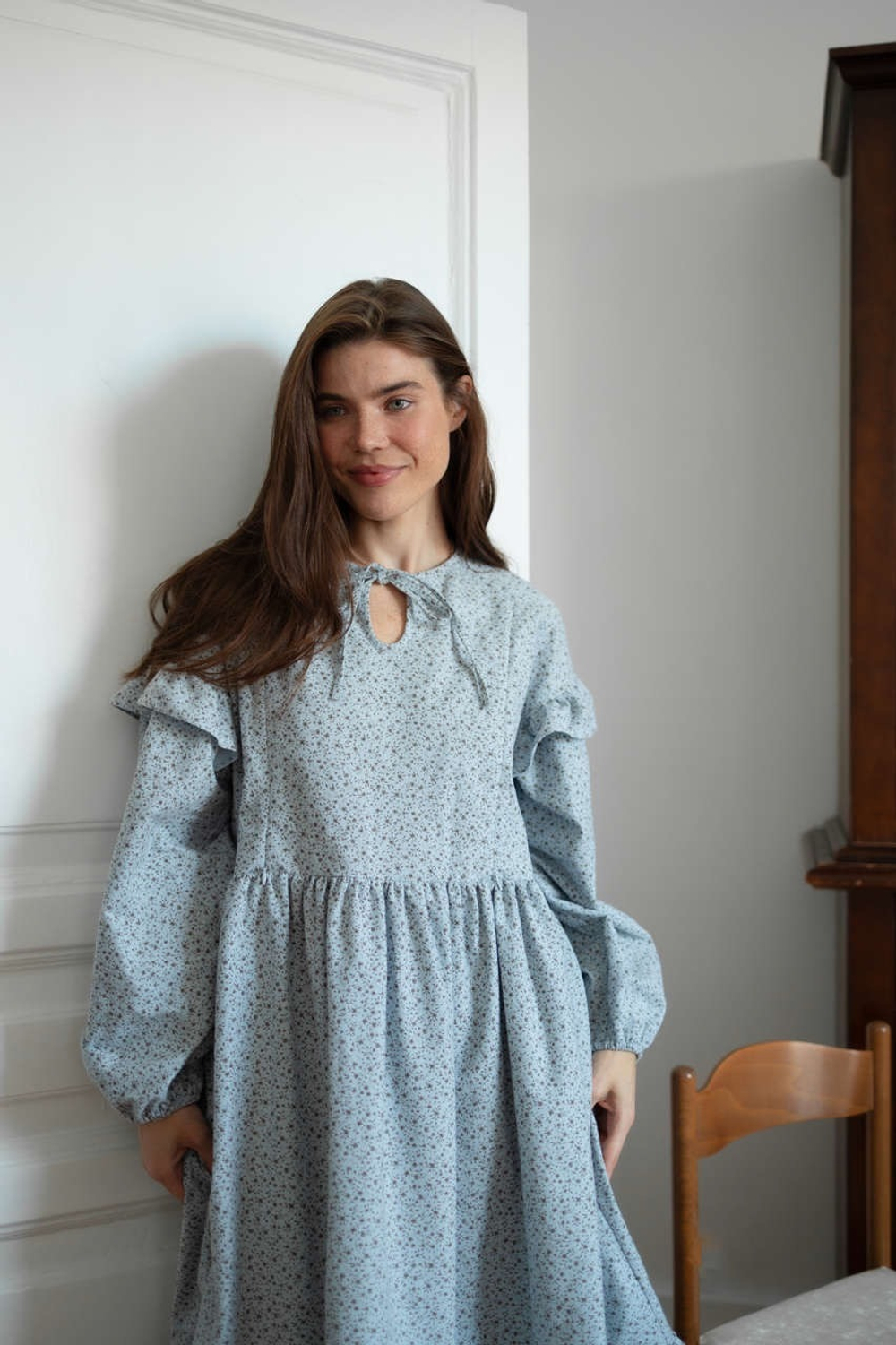 Платье Ася из фланели для беременных и кормящих мам, Серо-голубой с кофейными цветами