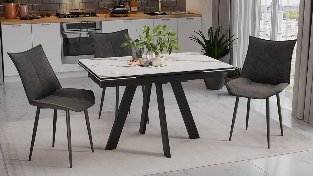 Стол кухонный обеденный раздвижной Черный муар/Керамика матовая белый мрамор 120(180)х80х77 см