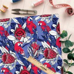 Ткань бифлекс красные попугаи в цветах