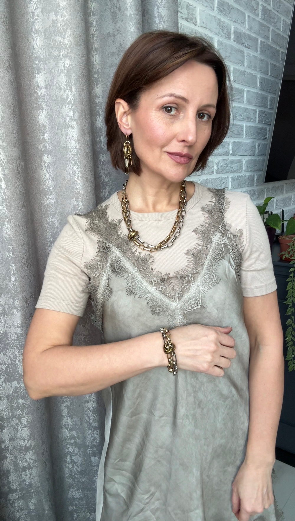 Колье двойная цепь из звеньев скрепок с шайбой, оттенок золото и серебро