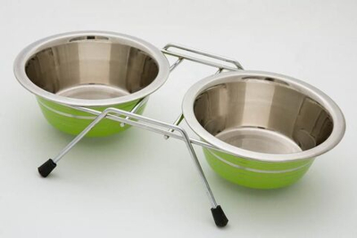 Миска металлическая на ножках двойная зелёная, 2*480 мл