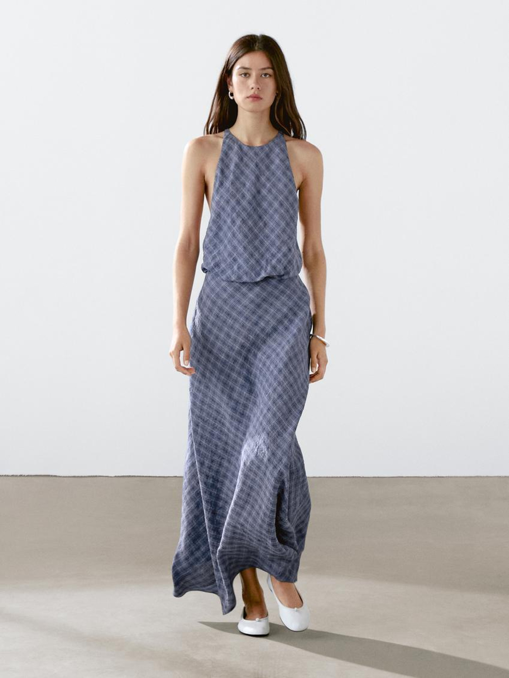 Massimo Dutti Длинное платье в клетку с декоративной отделкой сзади, чернильно-синий