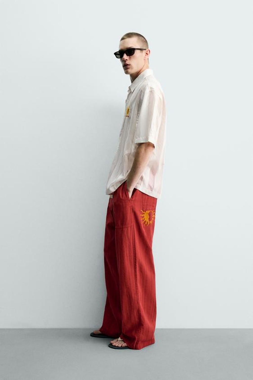 ZARA БРЮКИ RELAXED FIT В ПОЛОСКУ, КРАСНЫЙ