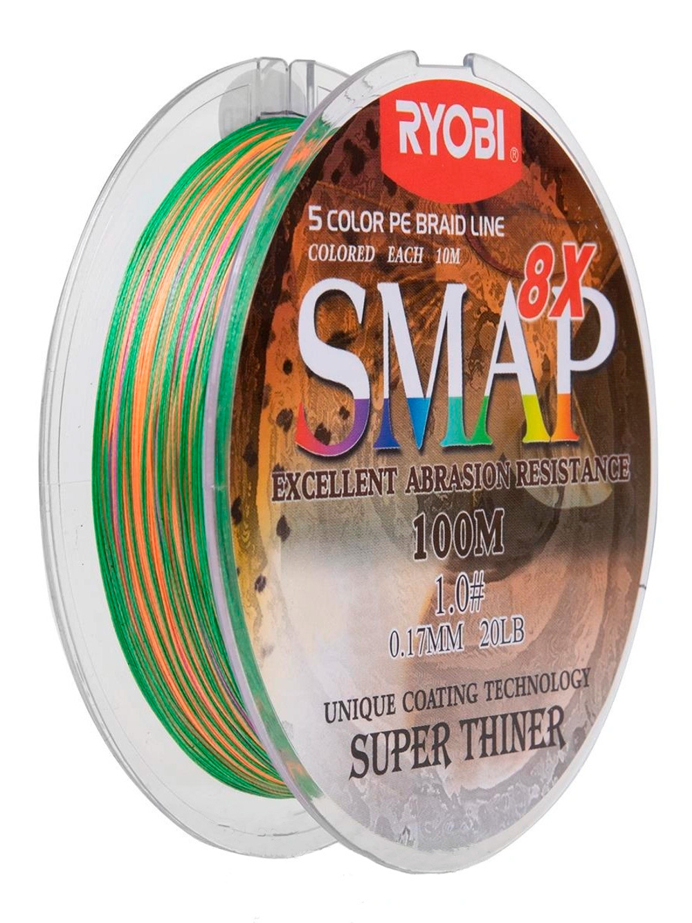 Шнур плетеный для рыбалки Ryobi SMAP PE8X-100M Multi Colour 6.0# 0,405мм
