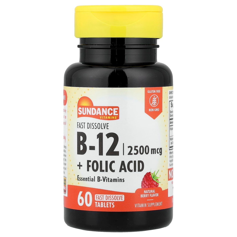 Sundance Vitamins, витамин B12 с фолиевой кислотой, быстрорастворимый, с натуральным ягодным вкусом, 60 быстрорастворимых таблеток