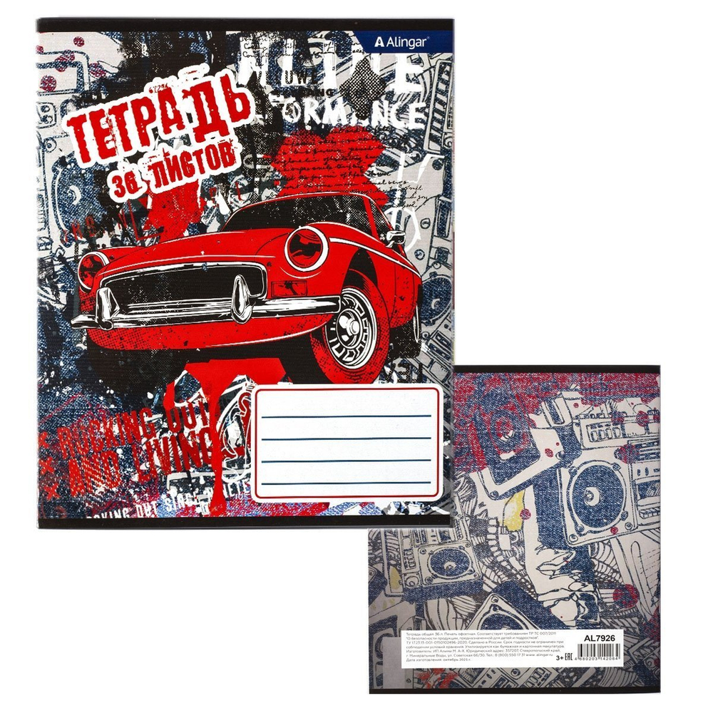 Тетрадь 36л., А5, клетка, Alingar "Гранж", скрепка, блок офсет, мелованный картон (эконом), 4 дизайна в пленке т/у