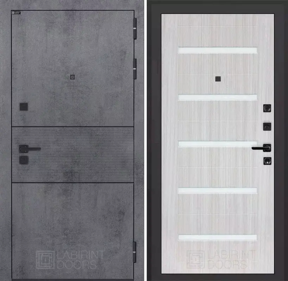 Входная металлическая дверь Лабиринт INFINITY (ИНФИНИТИ) Бетон темный / 01 Сандал белый, стекло белое