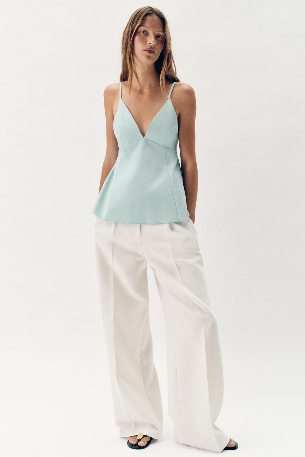 ZARA ТОП С БРЕТЕЛЯМИ И БАСКОЙ, ВОДЯНИСТО-ГОЛУБОЙ