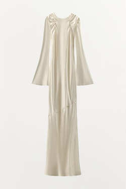 ZARA ПЛАТЬЕ ИЗ 100% ШЕЛКА СО СБОРКАМИ, ЖЕЛТОВАТО-БЕЛЫЙ