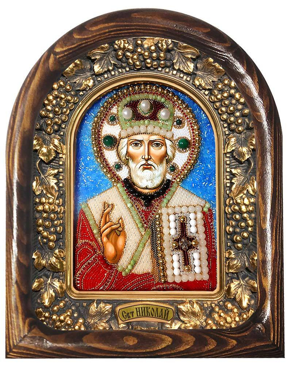 Святой Николай (бисер, оникс, нефрит, белый агат, коралл, жемчуг)